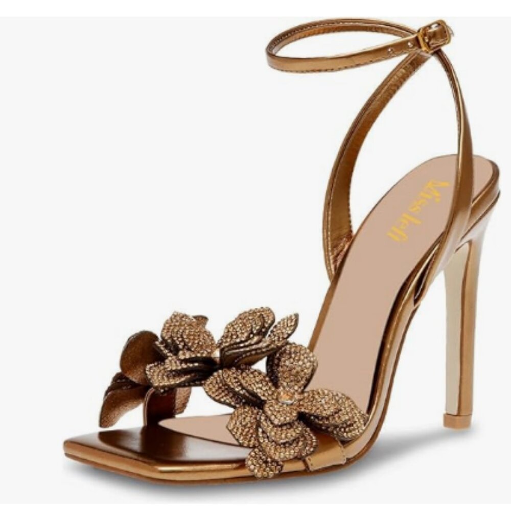 miss left Gold Rhinestones Stiletto Heel Sandals with Strap Buckles Flower Shoes